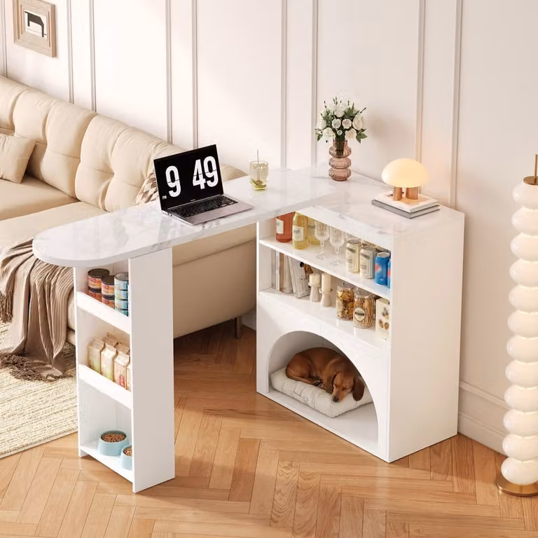 Moderne uitschuifbare en draaibare bartafel met huisdierruimte in wit marmerlook, B/D/H: 120(+80) x 40 x 100 cm