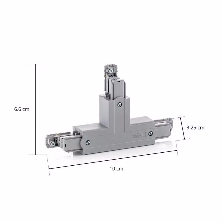 GlobalTrac T-koppeling driefasige stroomrail model XTS39 met beschermingsaarde aan onder- en rechterkant, grijs/zilver, aluminium