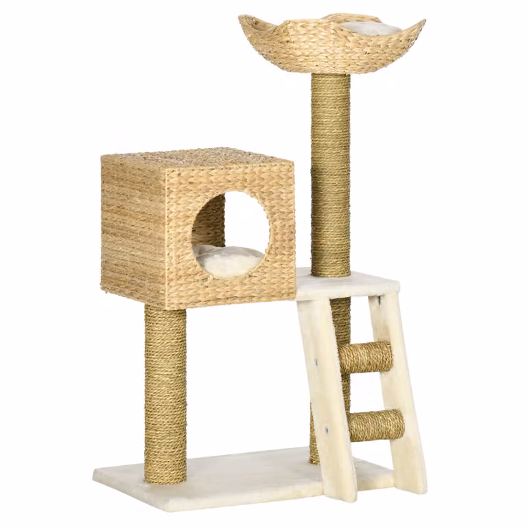 PawHut Krabpaal met Kattenhuis en Wasbare Kussens, Wit/Natuur, H x L x B: 100,5 x 57 x 37 cm