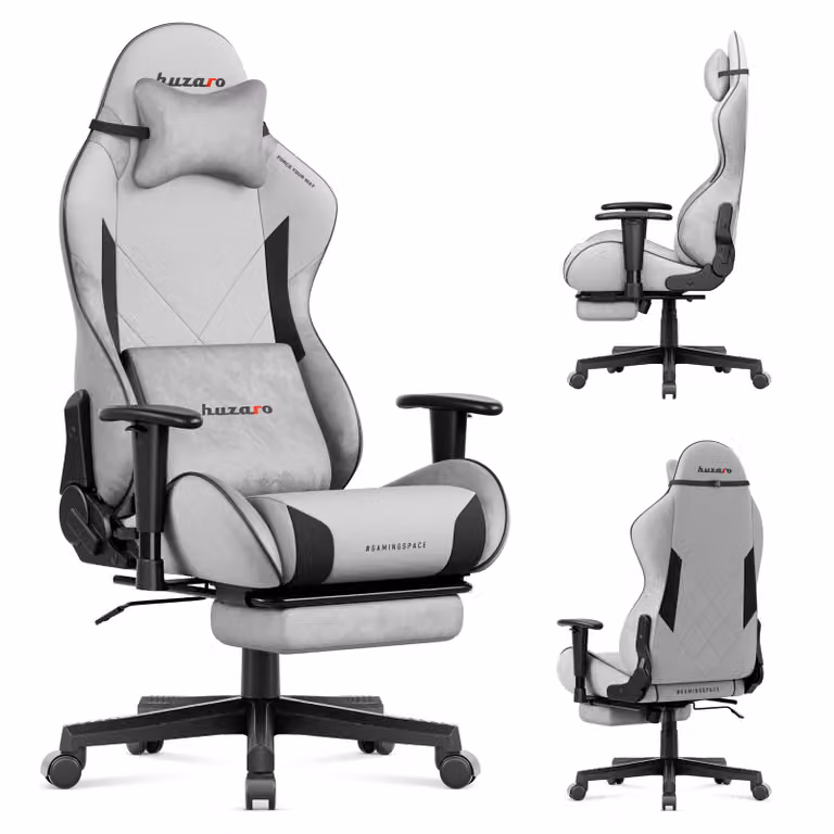 Huzaro Force 5.7 Grau Gaming stoel met 2D armleuningen, 155 graden kantelbaar, nek- en lendensteun en voetsteun