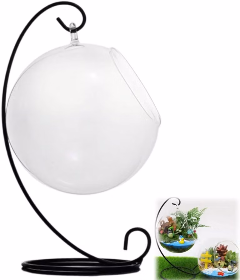 Transparante glazen hangfles met landschapsmotief en mos voor woondecoratie, Hoogte: 12 cm, Opening: 7,2 cm, Standaard: 10 x 23 cm