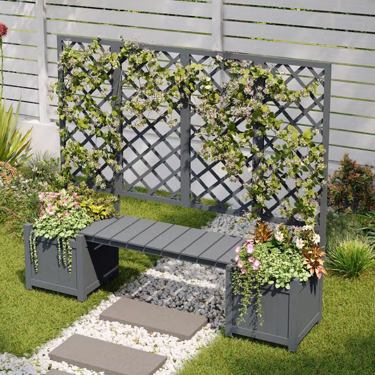 Aosom Plantenbak met pergola en zitbank voor klimplanten, grijs