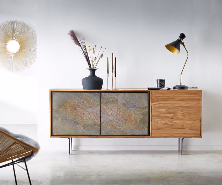 DELIFE Dressoir Juwelo Modern - Acacia Hout, Steenfineer en Metaal - Bruin, Grijs en Zwart - Breedte: 175 cm