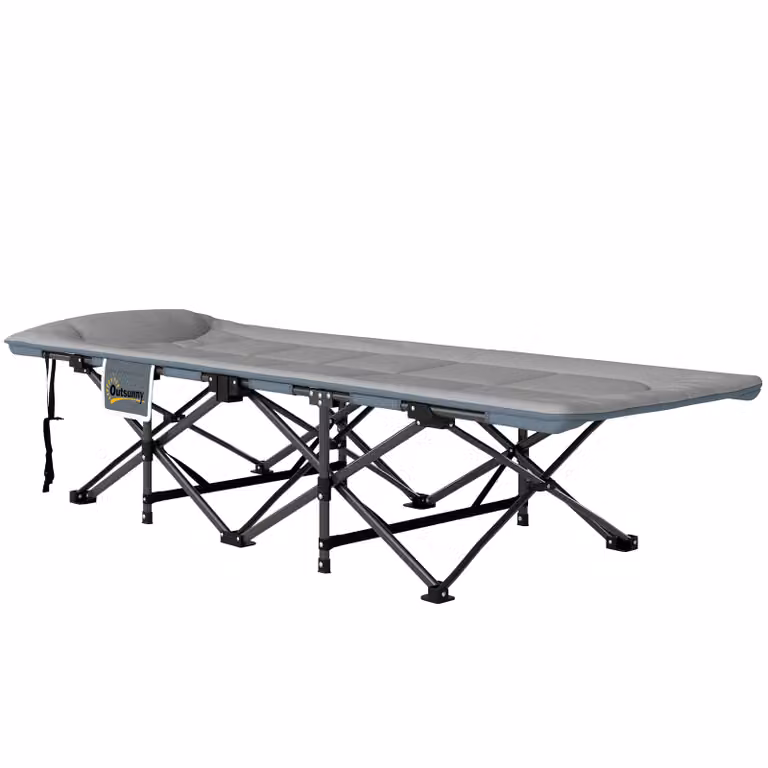 Outsunny Opvouwbaar Veldbed met Matras, Kussen en Zijvak, Grijs, B/D/H: 187 x 67 x 37 cm