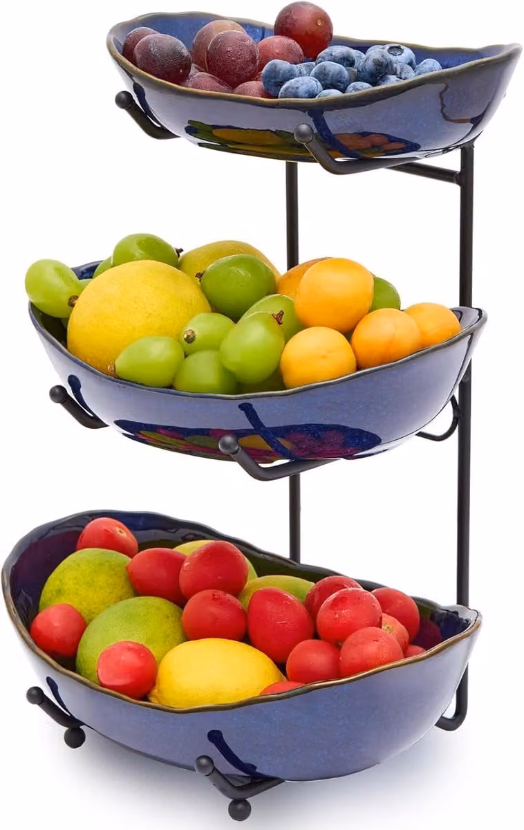 Donkerblauwe keramische fruitschaal met 3 lagen, stapelbare serveerschaal voor keukenorganisatie, 40 x 30 cm