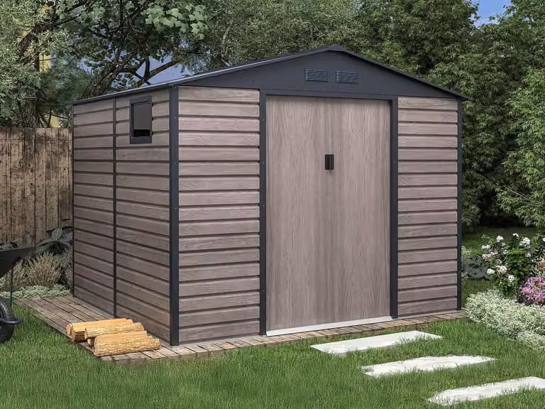 ADELMO Tuinhuisje van gegalvaniseerd staal met grijs houteffect, 7,17 m²