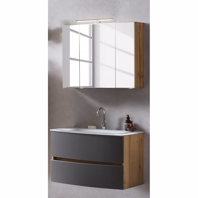 home24 Badkamerset III 2-delig grijs Wotan eikenhouten look B: 80 cm, H: 200 cm, D: 49 cm