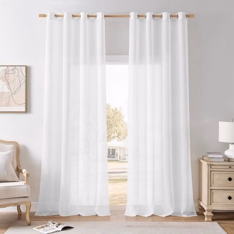 Set van 2 halftransparante witte gordijnen met ringen, 140 x 260 cm