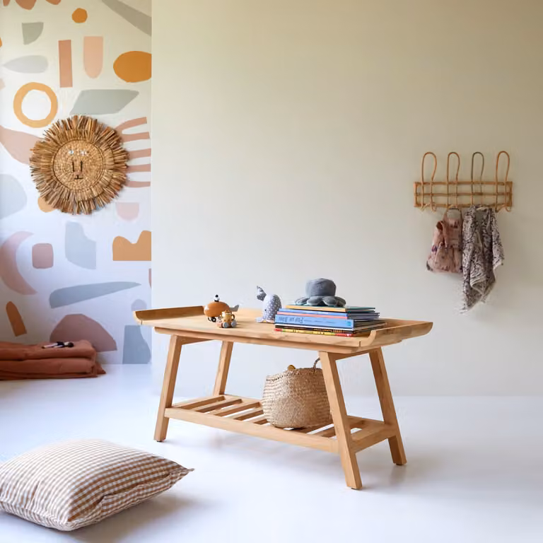Tikamoon Play Wells lage console voor kinderen van massief teakhout - Bruin/Beige - B: 110 cm, D: 50 cm, H: 40 cm