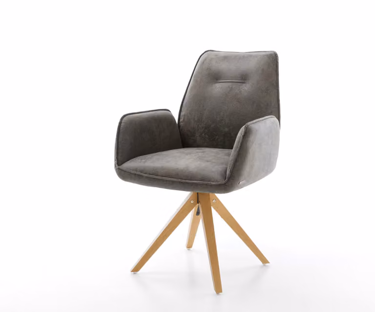 Eetkamerstoel Zoa-Flex microvelours grijs met antiek houten frame en pocketveer kern, 360 graden draaibaar
