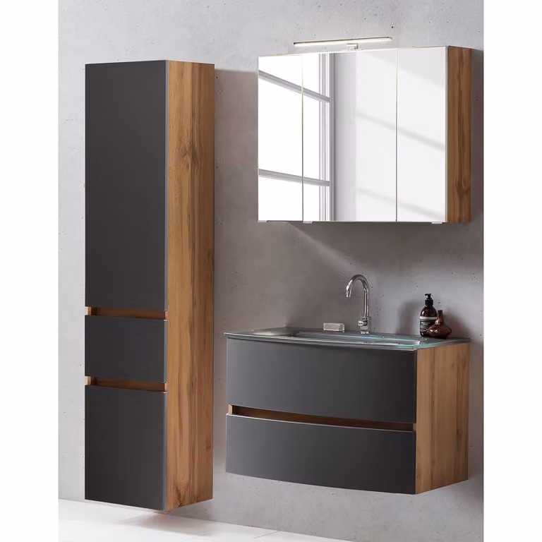 home24 Badkamerset VIII 3-delig, grijs/Wotan eikenhouten look, B/D/H: 120 x 49 x 200 cm
