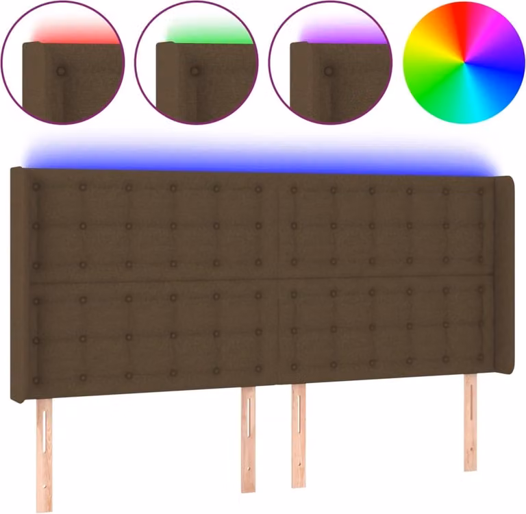 vidaXL Hoofdbord met LED en USB-oplaadpoort, donkerbruin stof, B: 203 cm, H: 118/128 cm, D: 16 cm