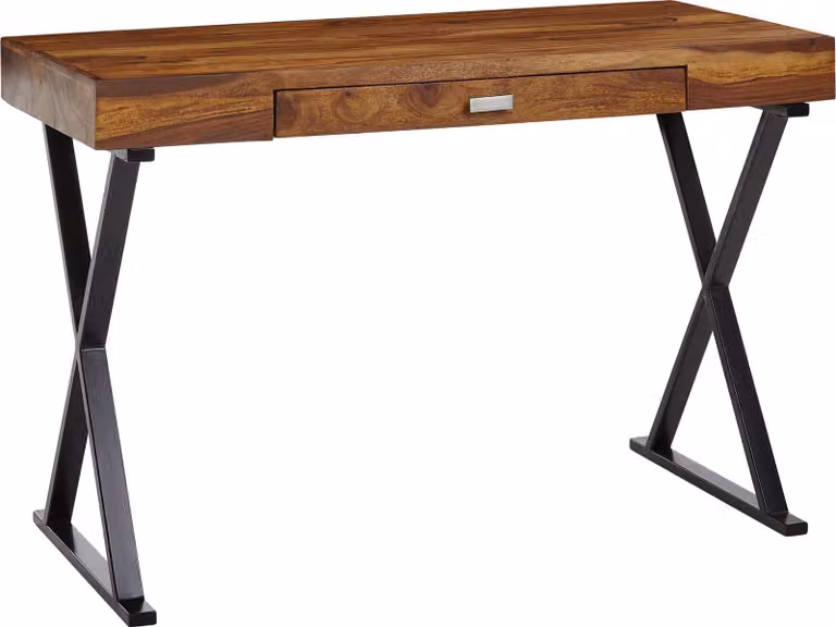 Wohnling Bureau van Sheesham massief hout en metaal, Zwart/Bruin, B: 120 cm, D: 55 cm, H: 78 cm