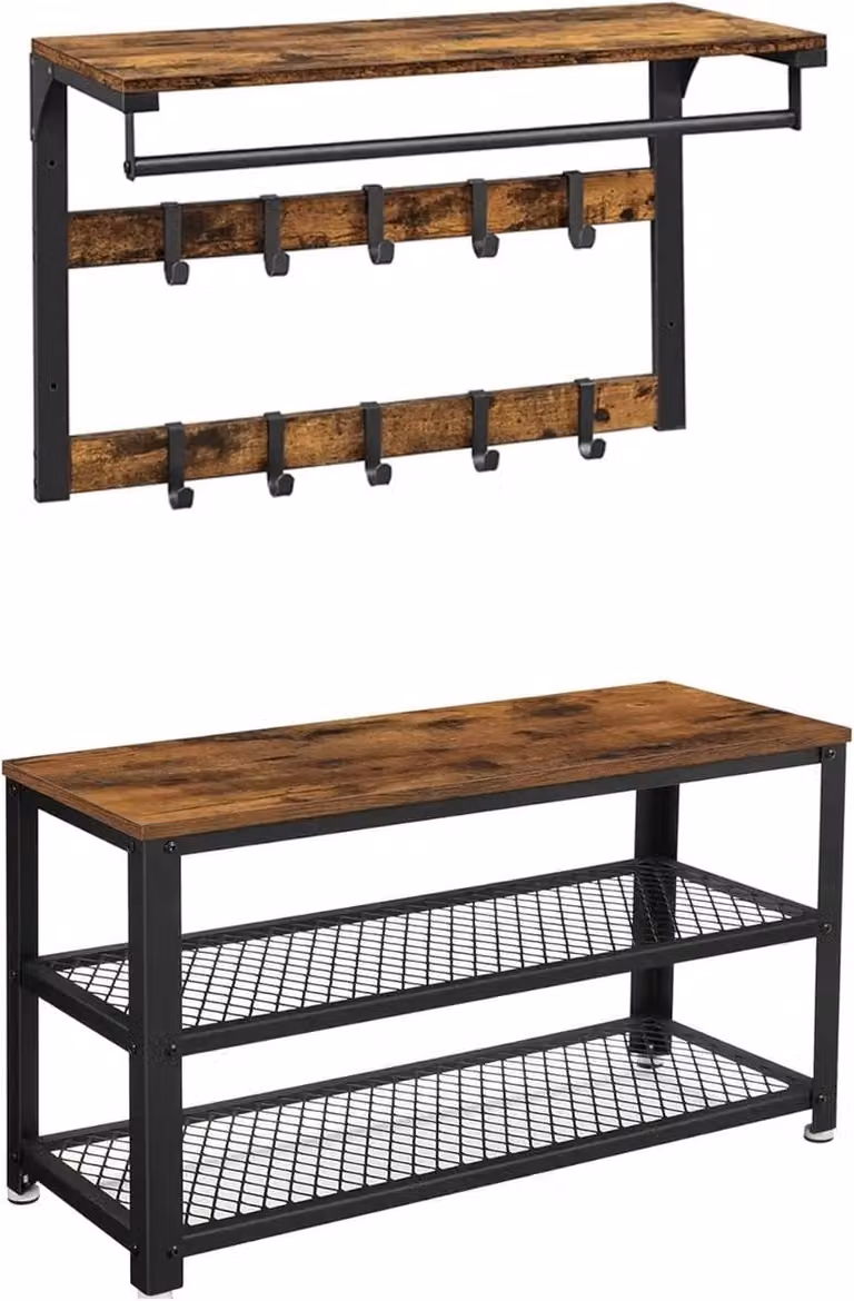 Archi Garderobeset 2-delig – Wandgarderobe met Schoenenbank en 10 Haken – Industrieel Design – Bruin/Zwart