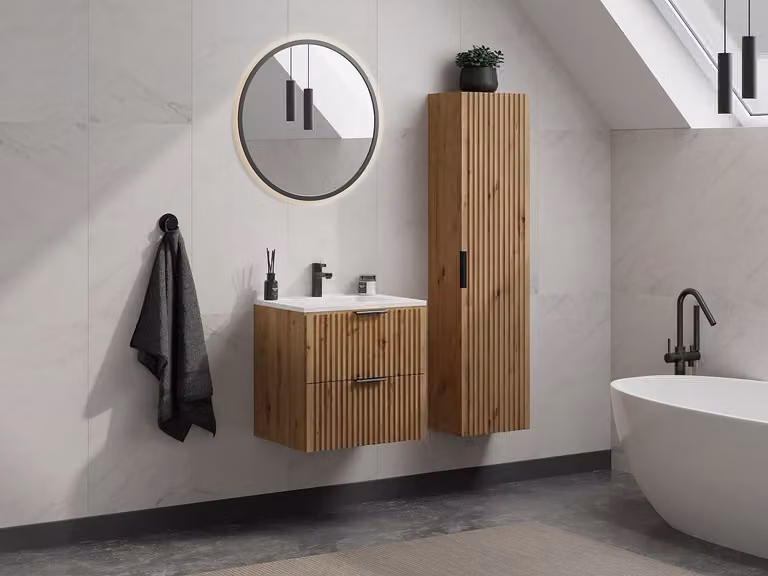 Gestreepte zwevende badkamerkolom ZEVARA - Beige/Bruin - Hoogte: 140 cm