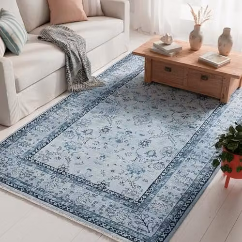 Tesso Living Kilim Tapijt Blauw 155 x 225 cm - Laagpolig Boho Vloerkleed van Gerecycled Katoen en Polyester met Anti-slip en Franjes