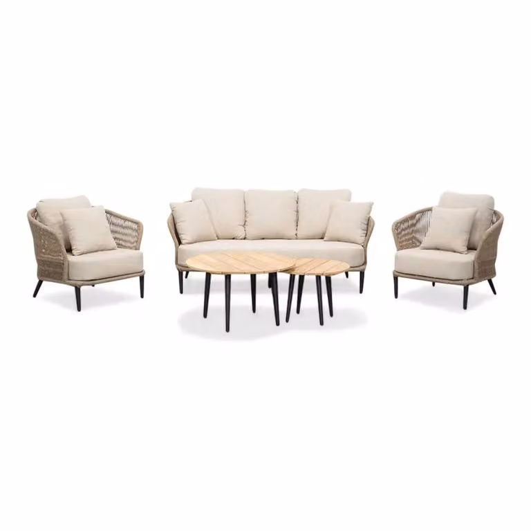 Palermo 5-delige loungeset met stoelen, bank, tafel en ottoman in Sahara Dust van aluminium en touw