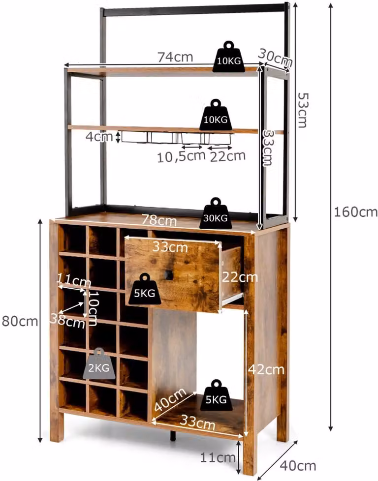 SureDeal Vrijstaande Keukenkast met Wijnrek en Lades - Koffiebruin - B/D/H: 74 x 40 x 160 cm