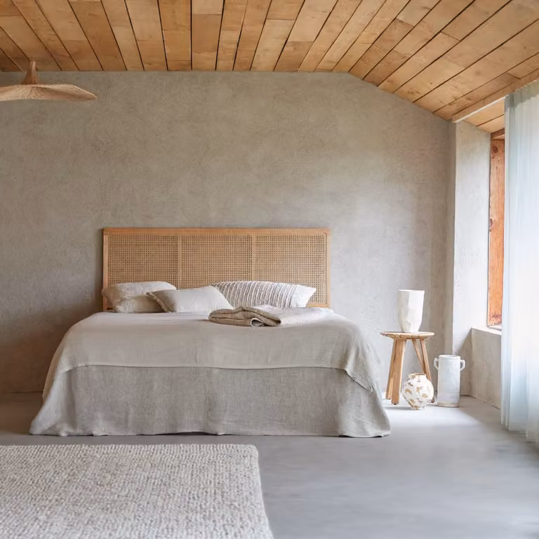 Tikamoon Hoofdbord van gevlochten rotan en massief hout, Beige, Breedte: 180 cm, Hoogte: 115 cm, Diepte: 3 cm