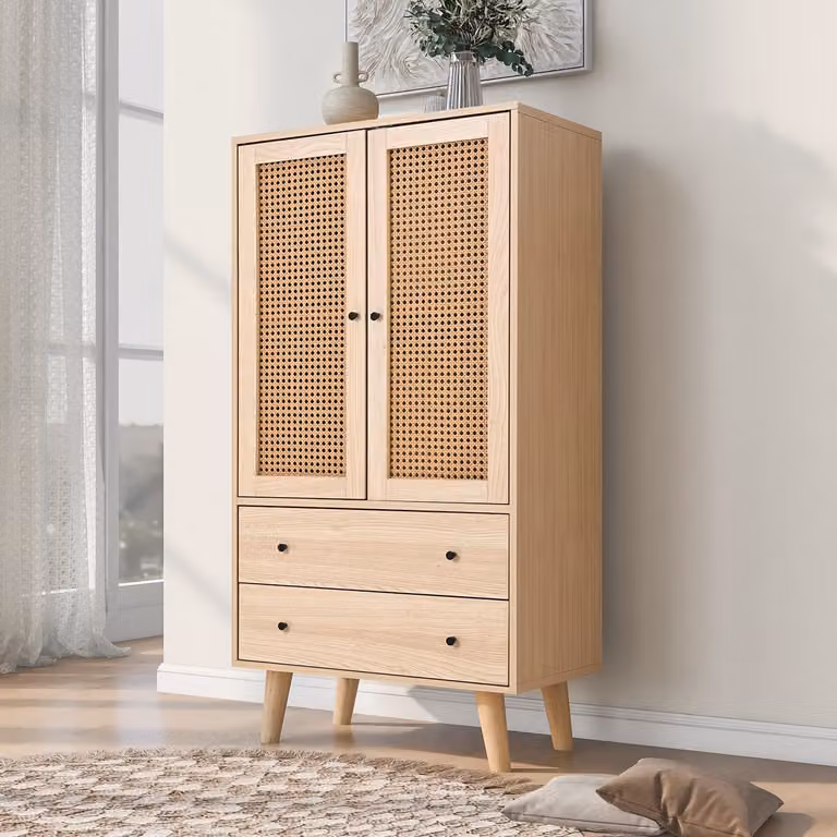 OKWISH Dressoir met 4 opbergvakken voor de woonkamer, keuken of hal, Natuurlijk, B/D/H: 60 x 40 x 120 cm