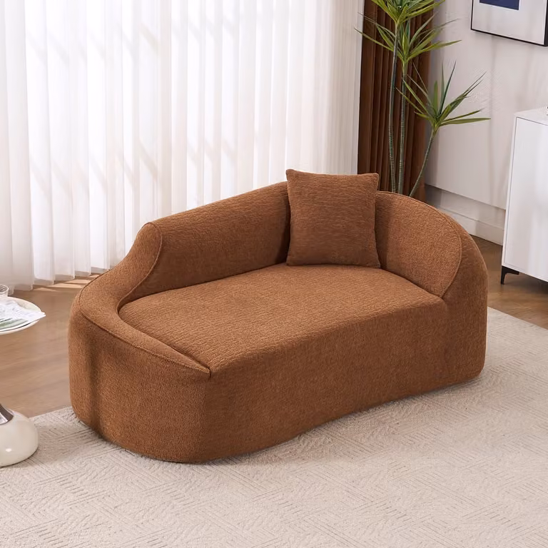 Pugsdrly Opvouwbare tweezitsbank met gebogen chaise longue en diepe zitting, moderne chenille slaapbank inclusief 1 kussen, karamel