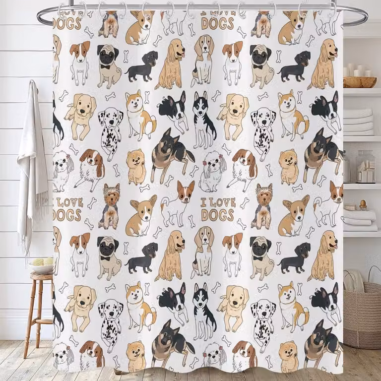 ShopVlot Decoratieve Douchegordijn met Grappige Hond en Haakjes voor Kinderen en Volwassenen