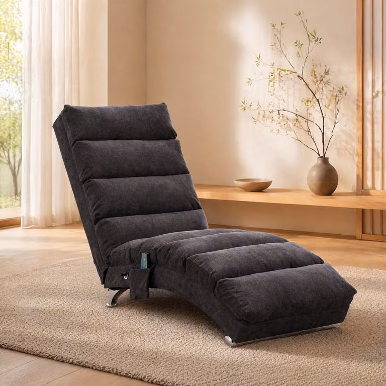 COVREO Chaise longue met vibratiefunctie en zijvak, linnen, donkergrijs, B/D/H: 148 x 55 x 84 cm