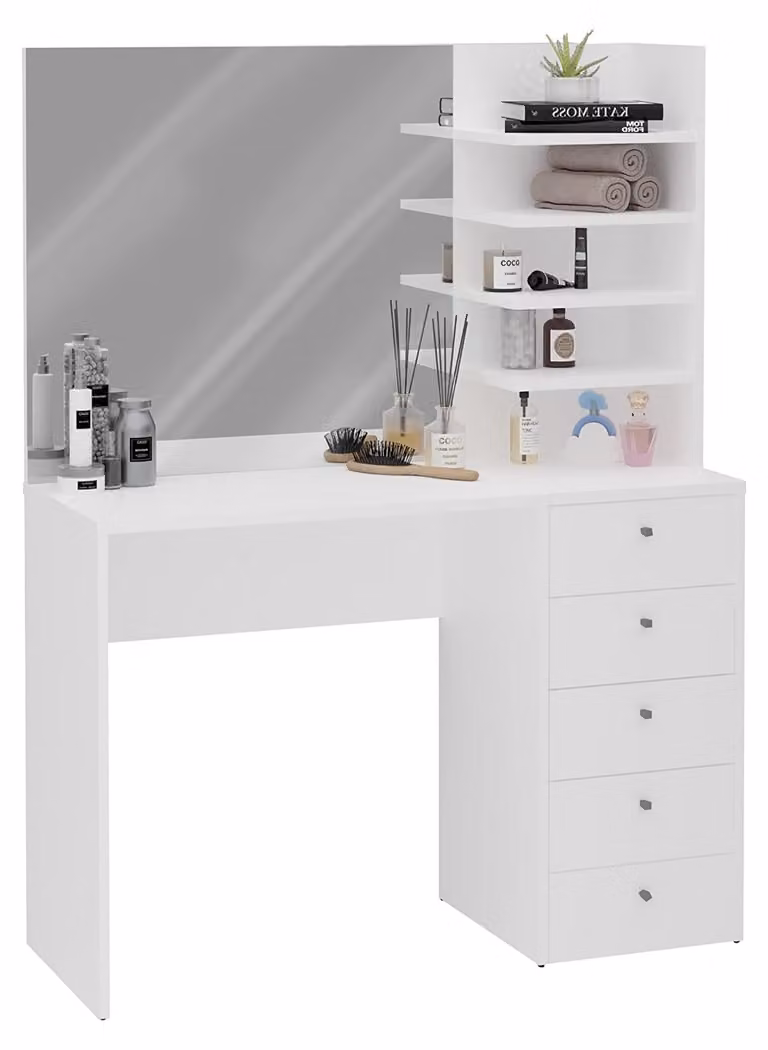 FMD Möbel Schminktafel met spiegel, 5 lades en 4 planken, kleur: Marl, Breedte: 105 cm, Hoogte: 140,5 cm