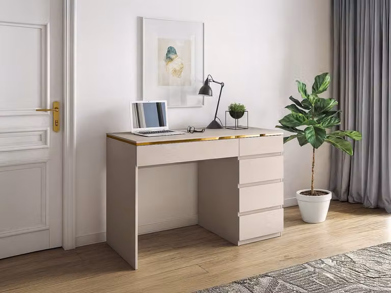 VUKIA Bureau met 5 lades in beige en goudkleurig