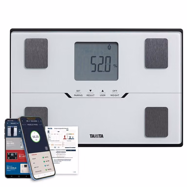 Tanita BC-401 Slimme lichaamsanalyseweegschaal met Bluetooth voor het meten van lichaamsvet, spiermassa, visceraal vet, lichaamswater, BMI en metabolische leeftijd