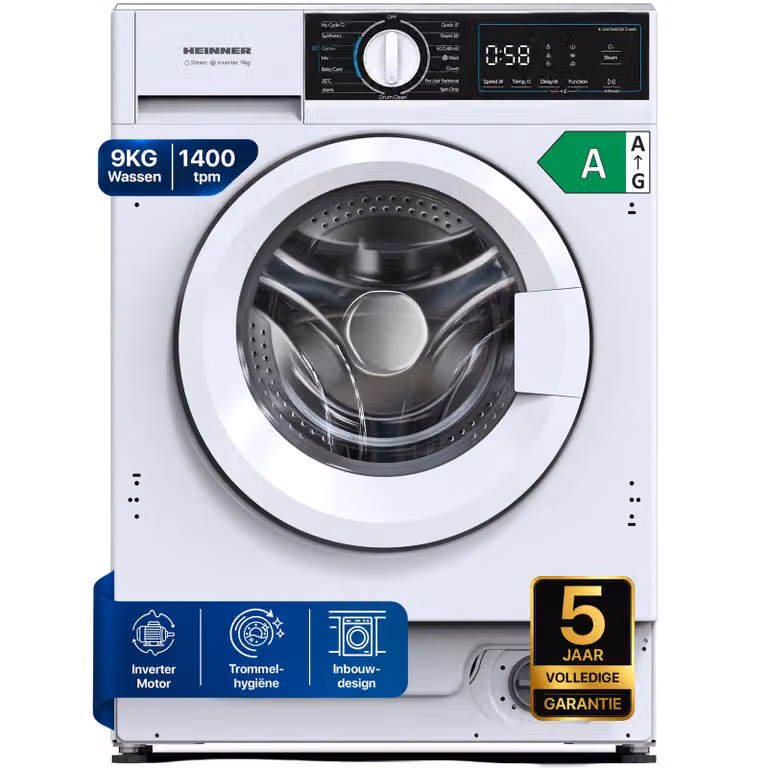 Heinner HWM-BI914IVA inbouw wasmachine, 9 kg, 1400 toeren/minuut, met stoomfunctie, wit
