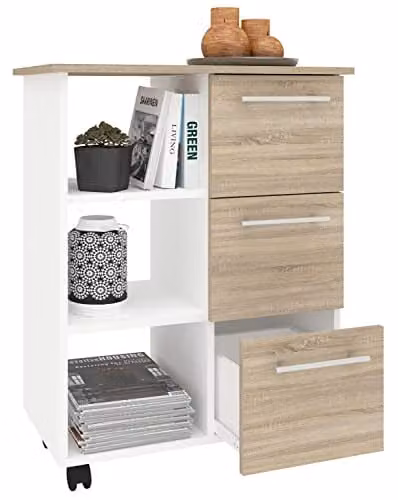 VCM Keukentrolley Esilo met drie Schubladen, Wit/Sonoma-Eiken, H 85 x B 68 x D 38 cm