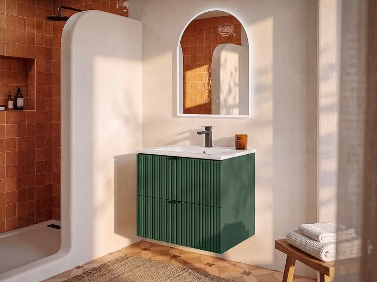 ZEVINI Gestreept hangmeubel voor badkamer met inbouwwastafel, Mat groen en wit, Breedte: 60 cm