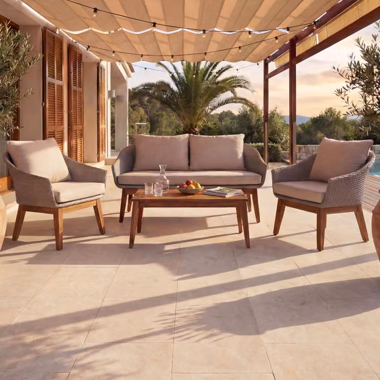 Mendler Tuinset HWC-N37 met bank en zitgroep, grijs polyrotan en acaciahout, inclusief beige sierkussens