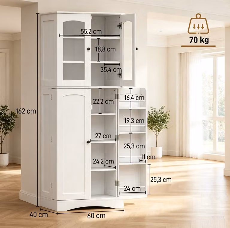 OKWISH Keukenkast Hoge Opbergkast met Glazen Deuren en Soft-Close, Wit MDF, B/D/H: 60 x 40 x 162 cm
