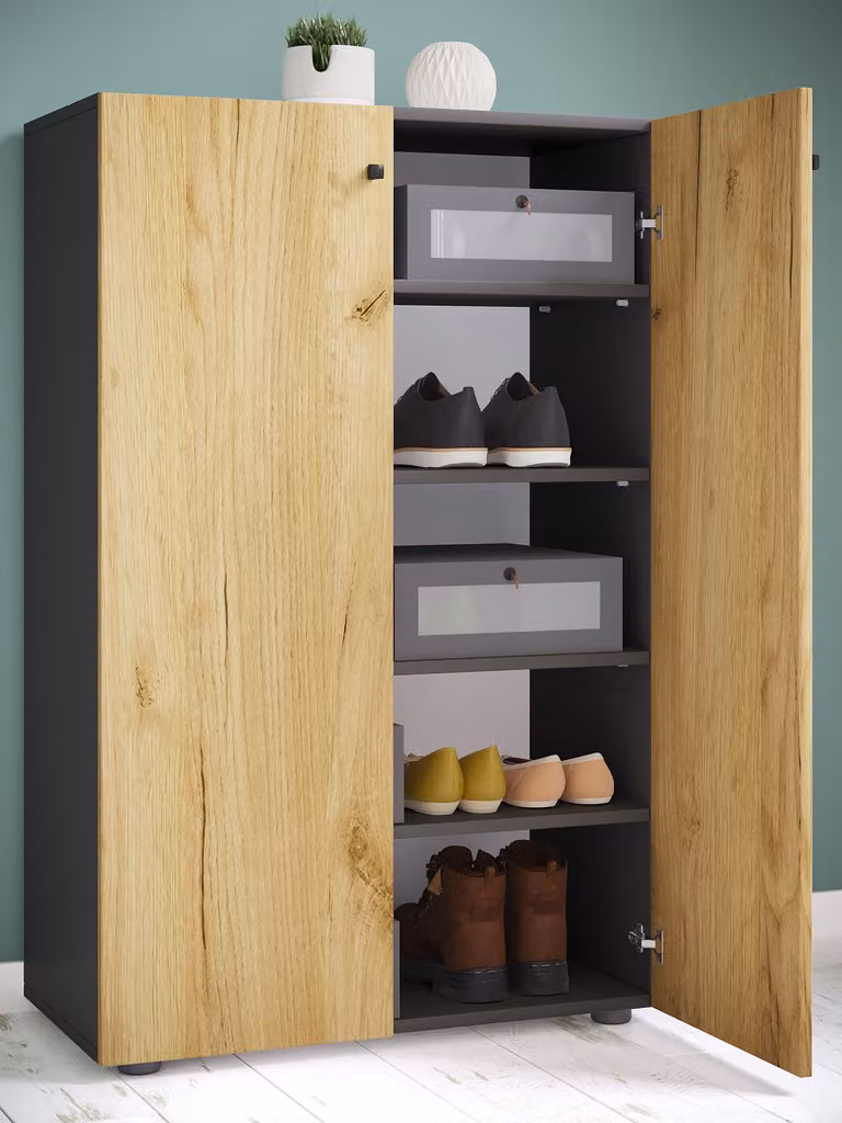 home24 Schoenenkast type B in eikenhouten look en antraciet, B: 110 cm, H: 70 cm, D: 39 cm