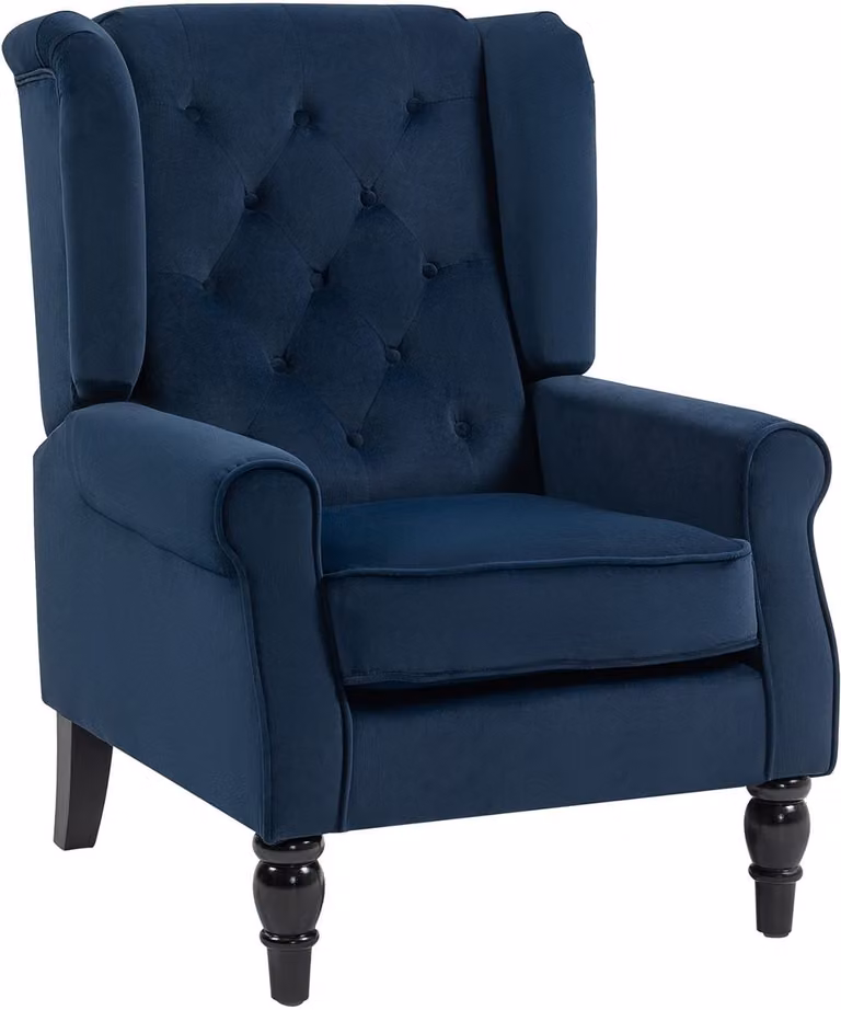 Klassieke gestoffeerde fauteuil met brede zitting en houten poten in donkerblauw - H x B x D: 102 x 74 x 86 cm