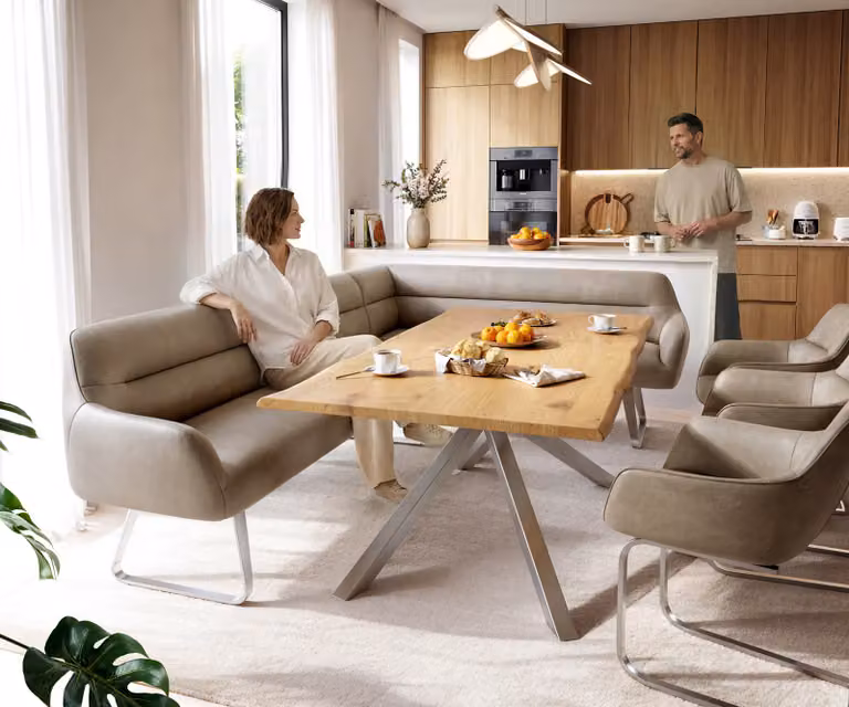 DELIFE Eetkamerbank Taya-Flex L-vormig, Beige, B: 282 cm, D: 190 cm, H: 87 cm