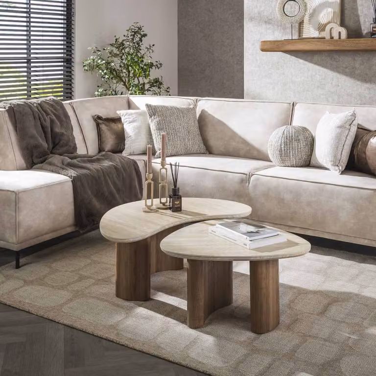 WoonStijl Salontafel set van 2 Organic Ceramic in beige natural stone met matte afwerking