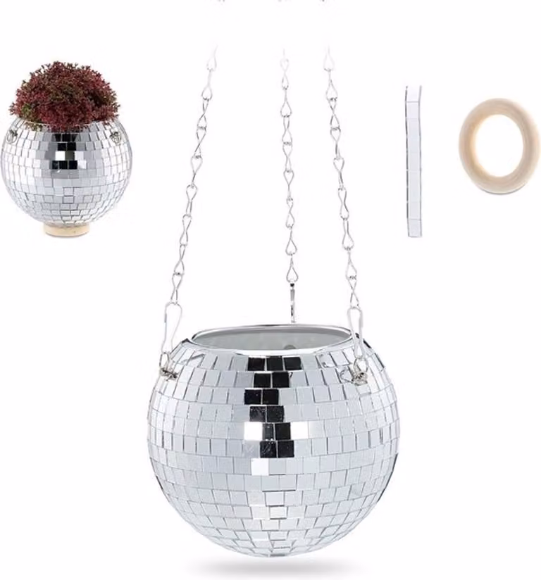 Zilveren discobal plantenhanger voor binnen - 13 x 15 cm