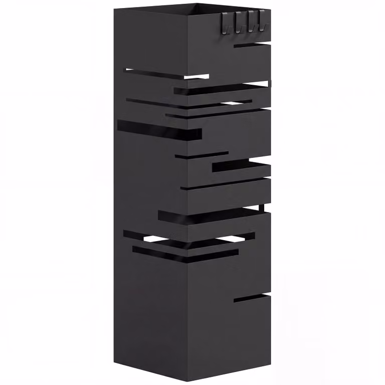 HOMCOM Metalen paraplubak met uitneembare opvangschaal en 4 haken, zwart, B: 15,5 cm, D: 15,5 cm, H: 49 cm