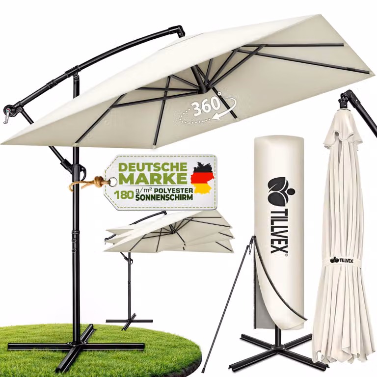Tillvex Aluminium Zweefparasol met Standaard en Afdekking, Ø 330 cm, 360 graden Draaibaar met Zwengel en UV-bescherming