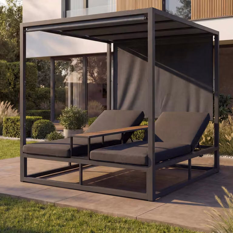 Mendler Alu lounge-tuinstoel HWC-P81 ligbed met donkergrijze kussens, B/D/H: 196 x 165 x 196 cm