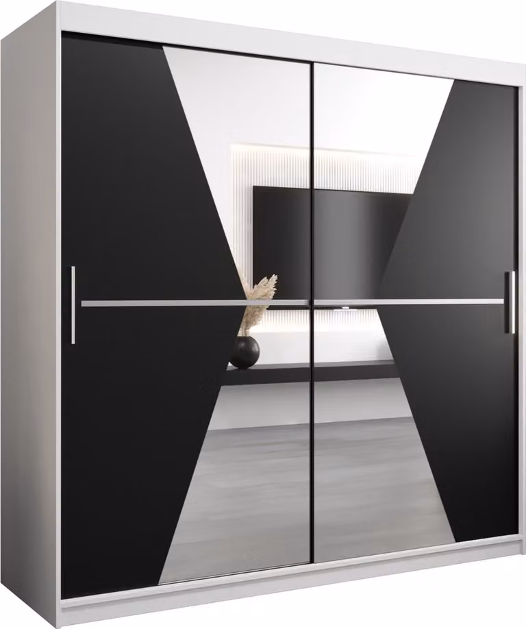 InspireMe TOTO Kledingkast met 2 schuifdeuren, spiegel en 4 lades, Wit Mat + Zwart, B/D/H: 200 x 62 x 200 cm