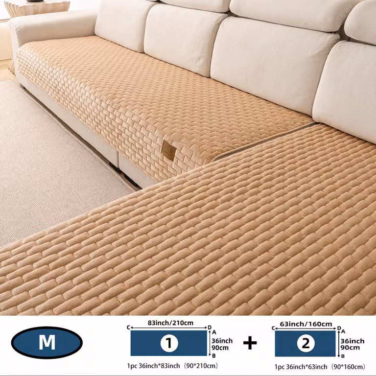 Set van 2 Antislip Bankkleden voor 5 Zits Hoekbank, Zachte Pluche Bankhoes in Khaki, B/D: 90 x 210 cm en 90 x 160 cm