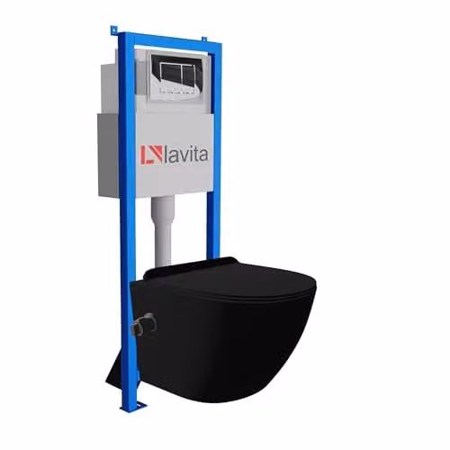 Lavita SALTO complete toiletset zwart met LAV 101 voorwandelement, diepspoelbak zonder spoelrand en LAV 200.1.2 bedieningspaneel chroom