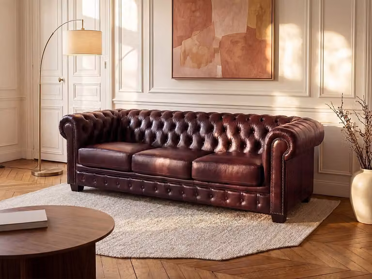 Vente-unique Vierzits chesterfieldbank BRENTON van 100% buffelleer in Cherry (Rood/Bruin) B/D/H: 240 x 76 x 73 cm