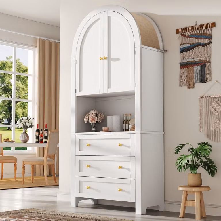 STILVORA Opbergkast met Boogdeuren en 3 Lades, Wit, MDF, B/D/H: 70 x 35 x 180 cm