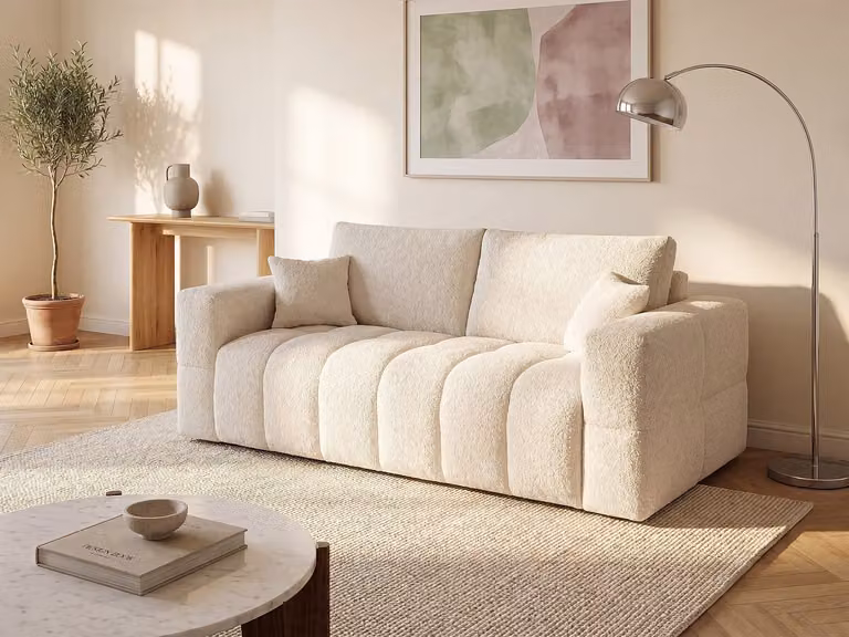 ISSORO Express driezitsslaapbank in beige boucléstof met matras, 140x190 cm