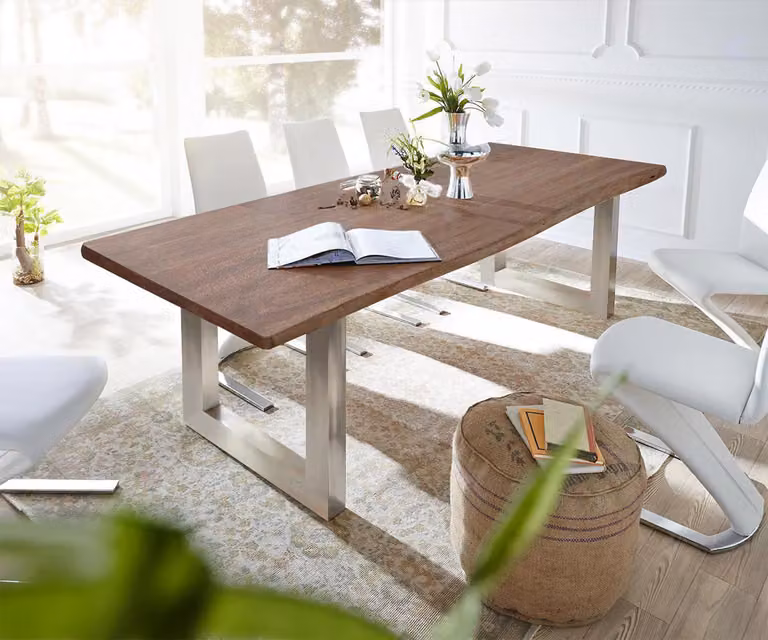 DELIFE Eettafel Edge van acacia hout en roestvrij staal, Bruin/Zilver, B: 300 cm, D: 100 cm, H: 74,5 cm